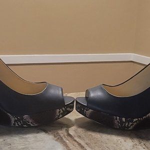 Blue Leather Snakeskin Platform Peeptoe Wedge Heels Size 11M